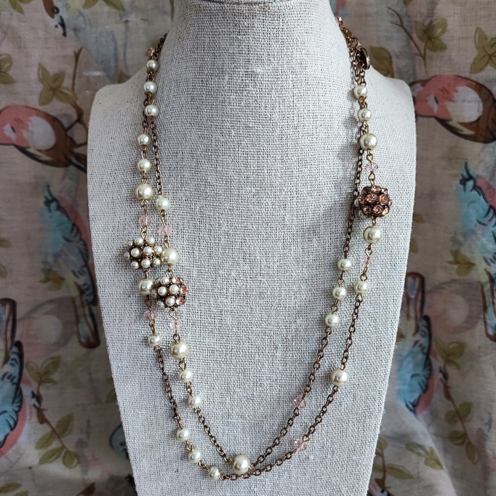 Charming Charlie Beads Baubles Faux Pearl Faceted Pink Rosary Chain Necklace EUC